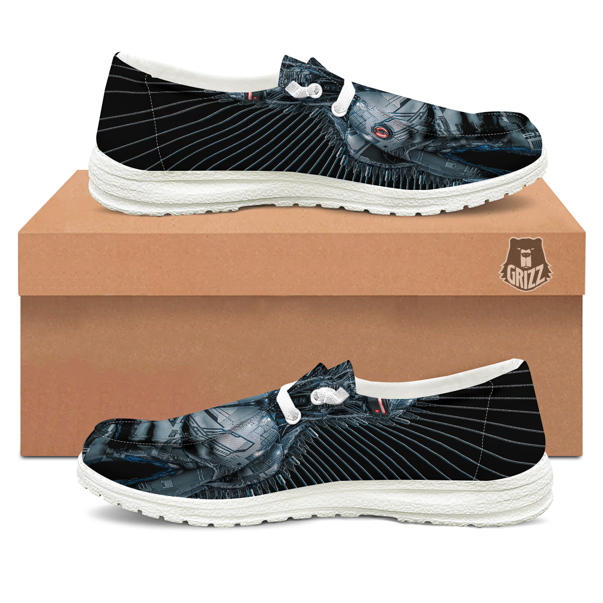 Robot Connection Print White Loafers-grizzshop