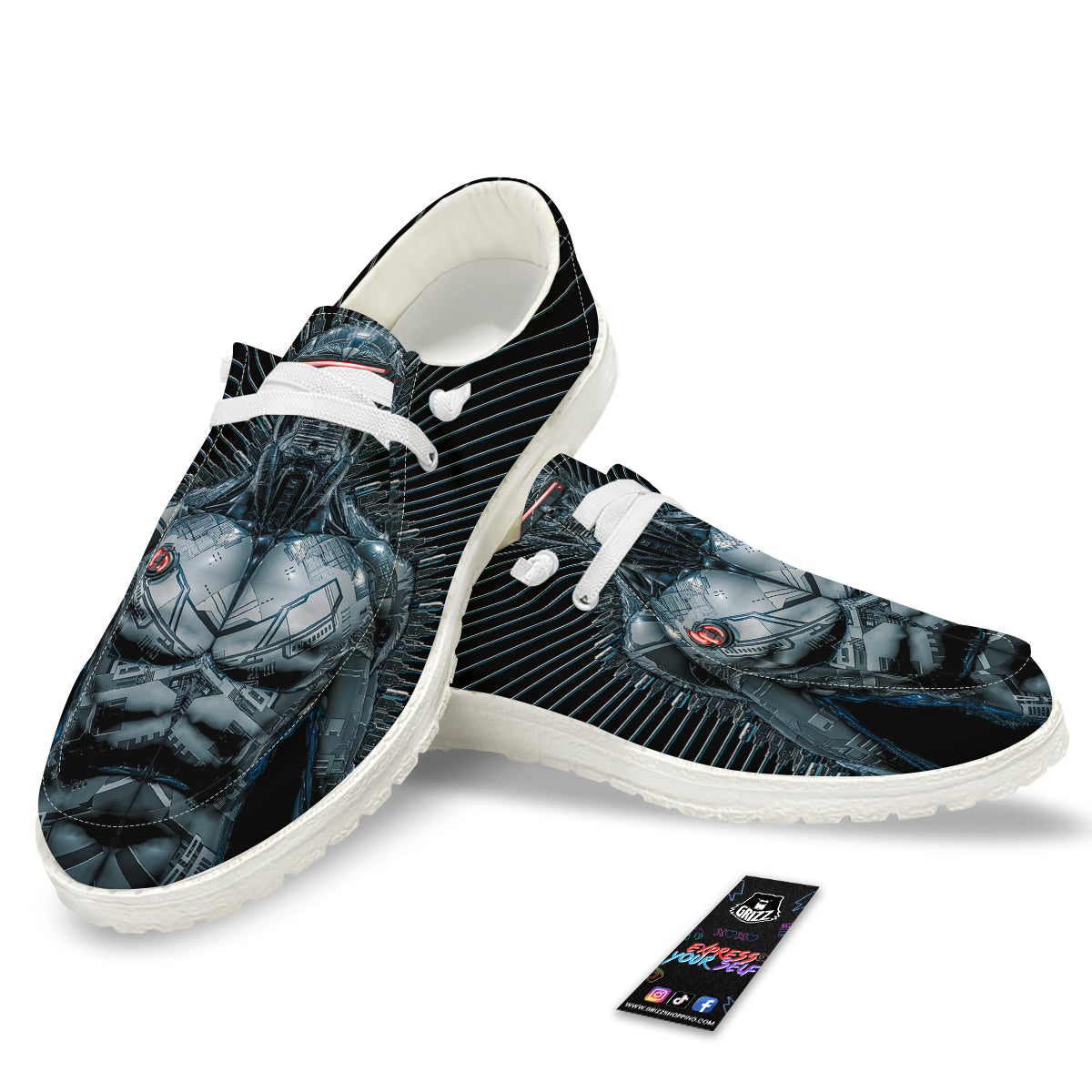 Robot Connection Print White Loafers-grizzshop
