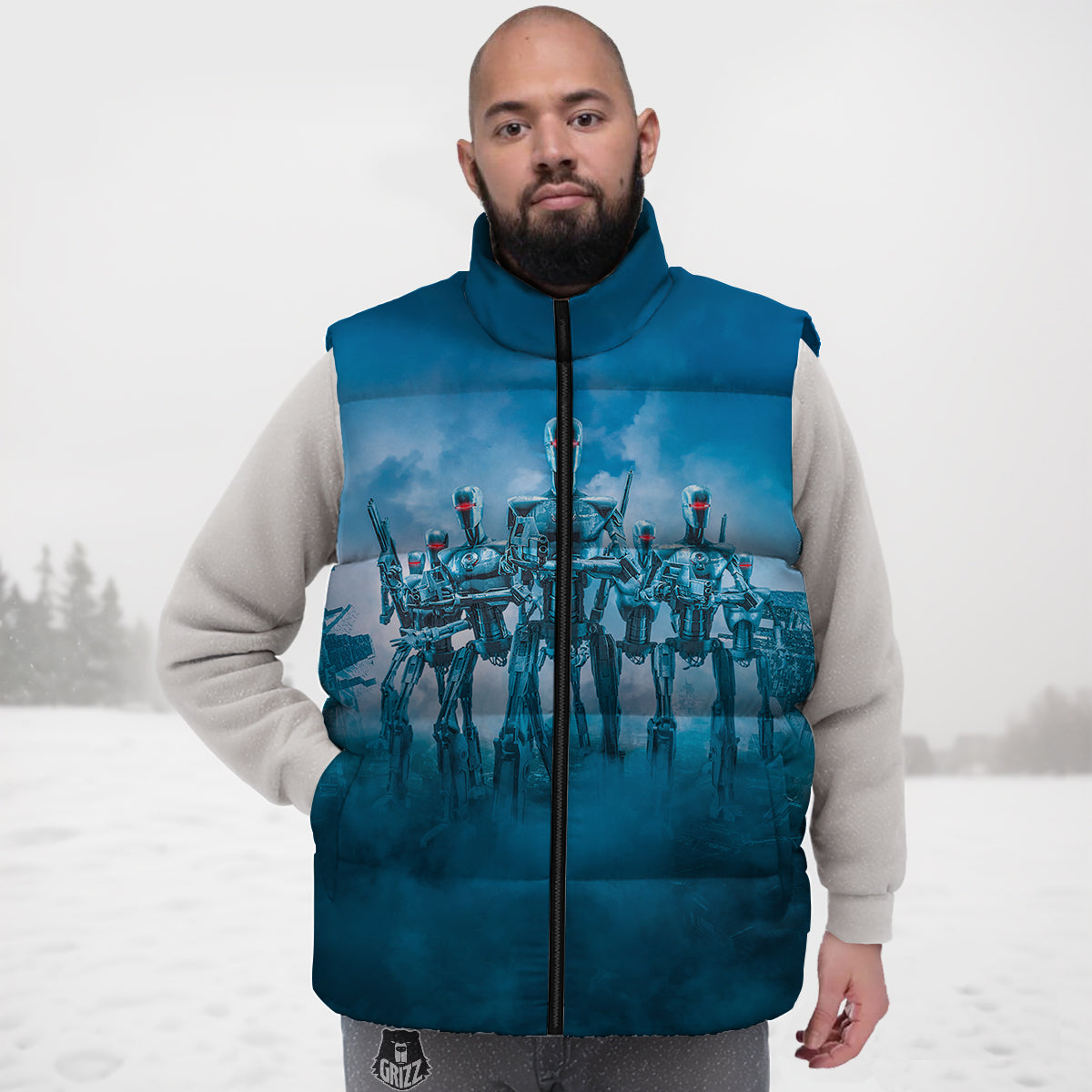 Robot Cyborg Pattern Print Down Vest-grizzshop