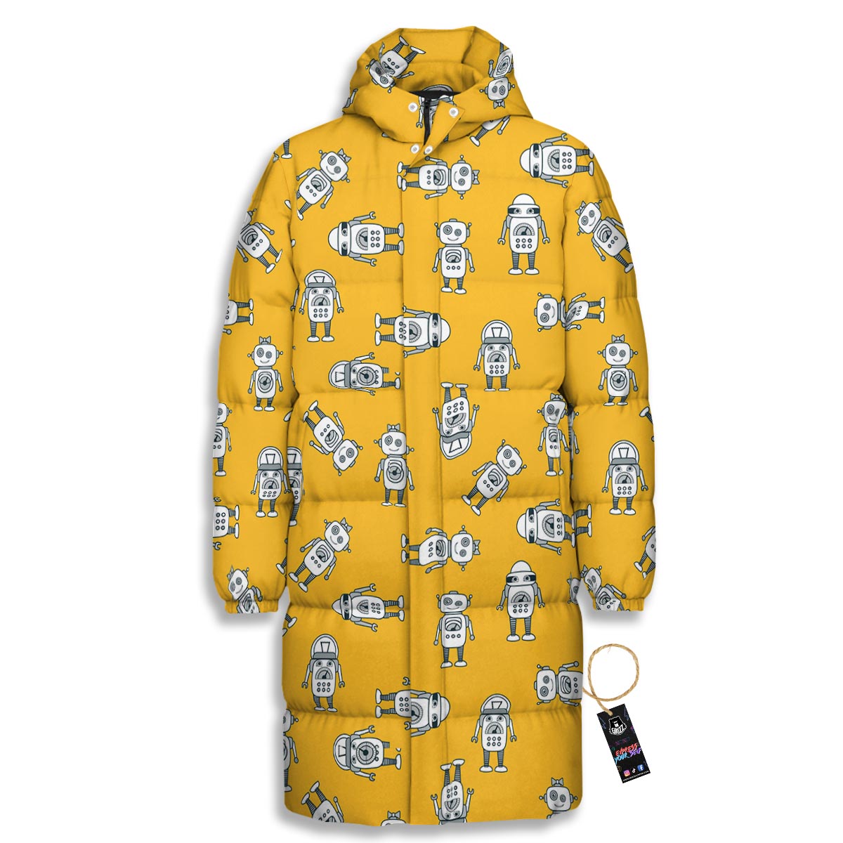 Robot Servant Print Pattern Long Down Jacket-grizzshop