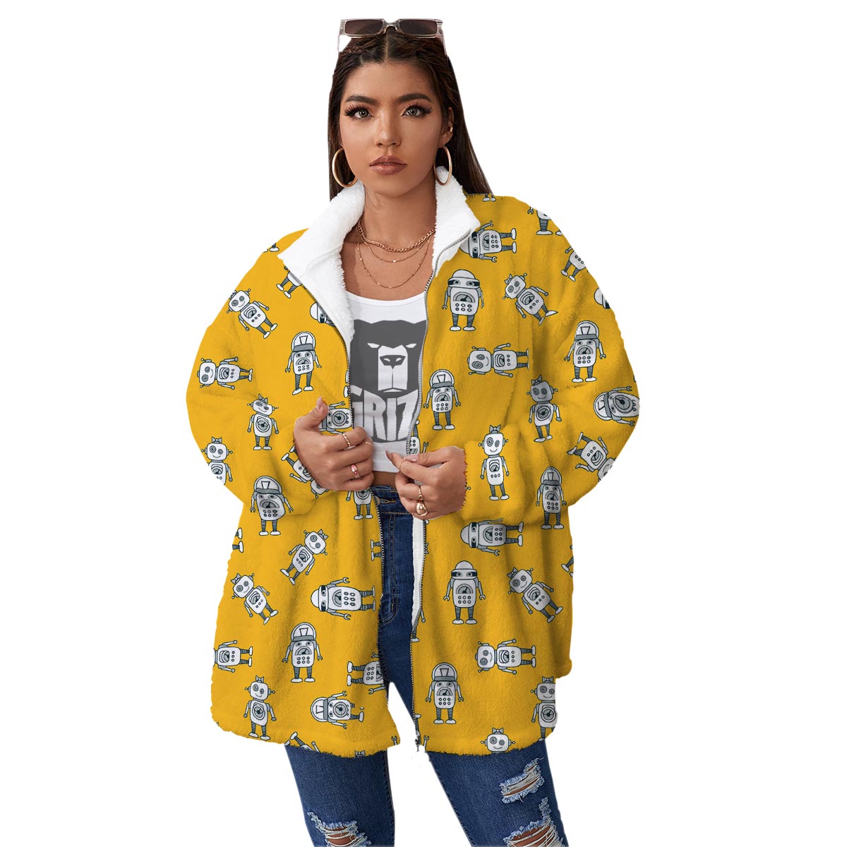 Robot Servant Print Pattern Women's Sherpa Jacket-grizzshop