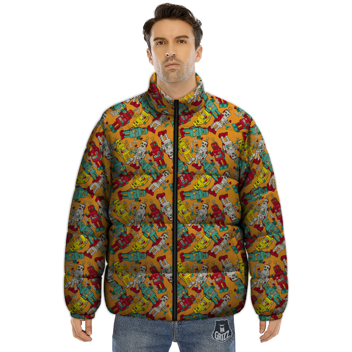 Robot Toy Vintage Print Pattern Puffer Jacket-grizzshop