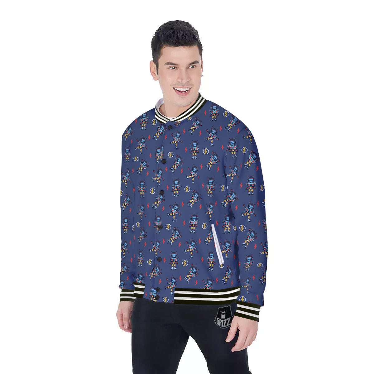 Robot Vintage Print Pattern Baseball Jacket-grizzshop