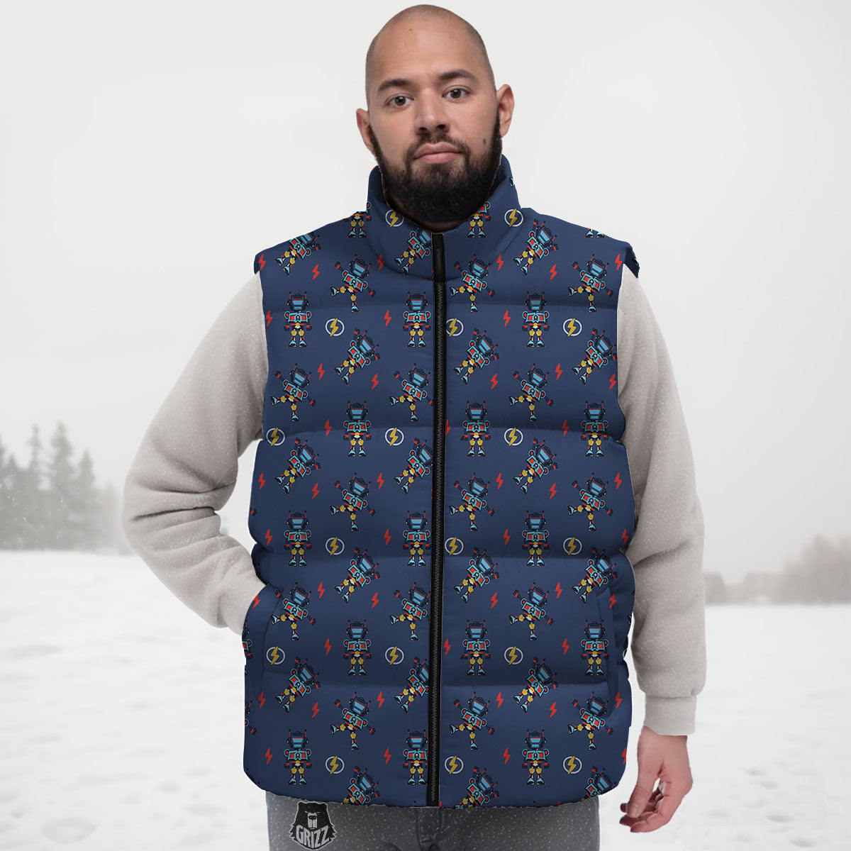 Robot Vintage Print Pattern Down Vest-grizzshop