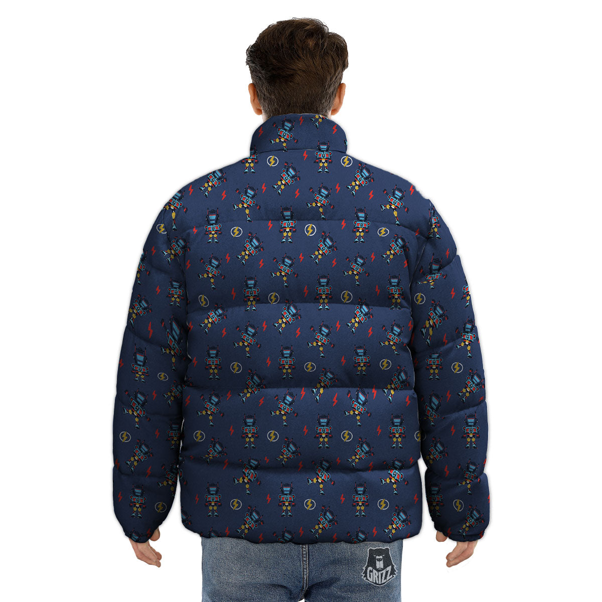 Robot Vintage Print Pattern Puffer Jacket-grizzshop