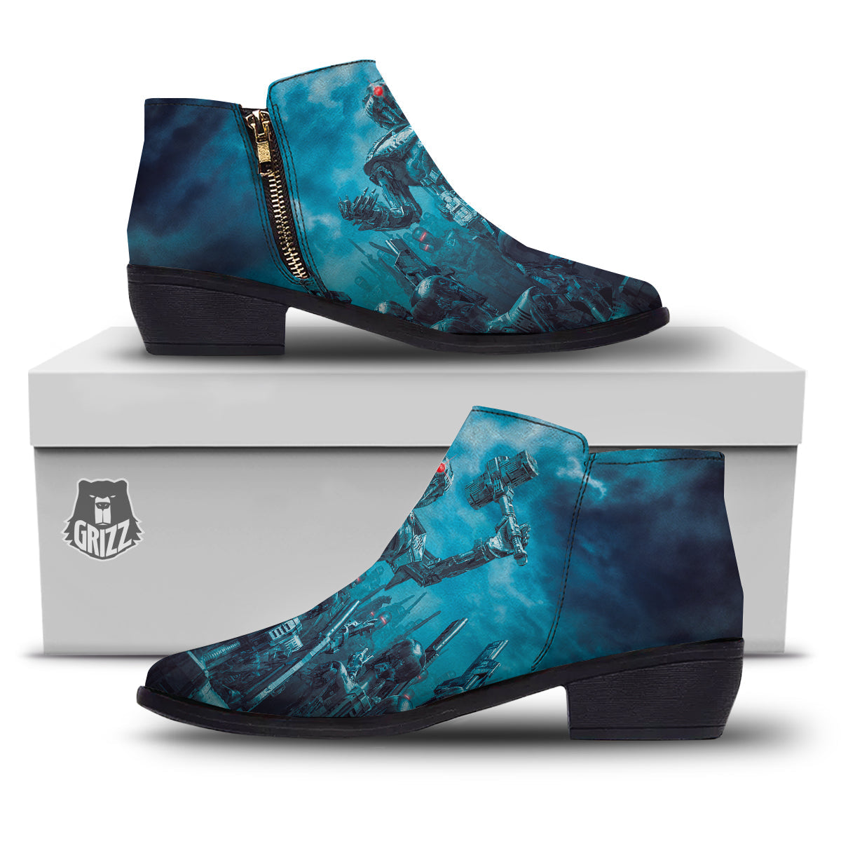 Robot War Print Ankle Boots-grizzshop