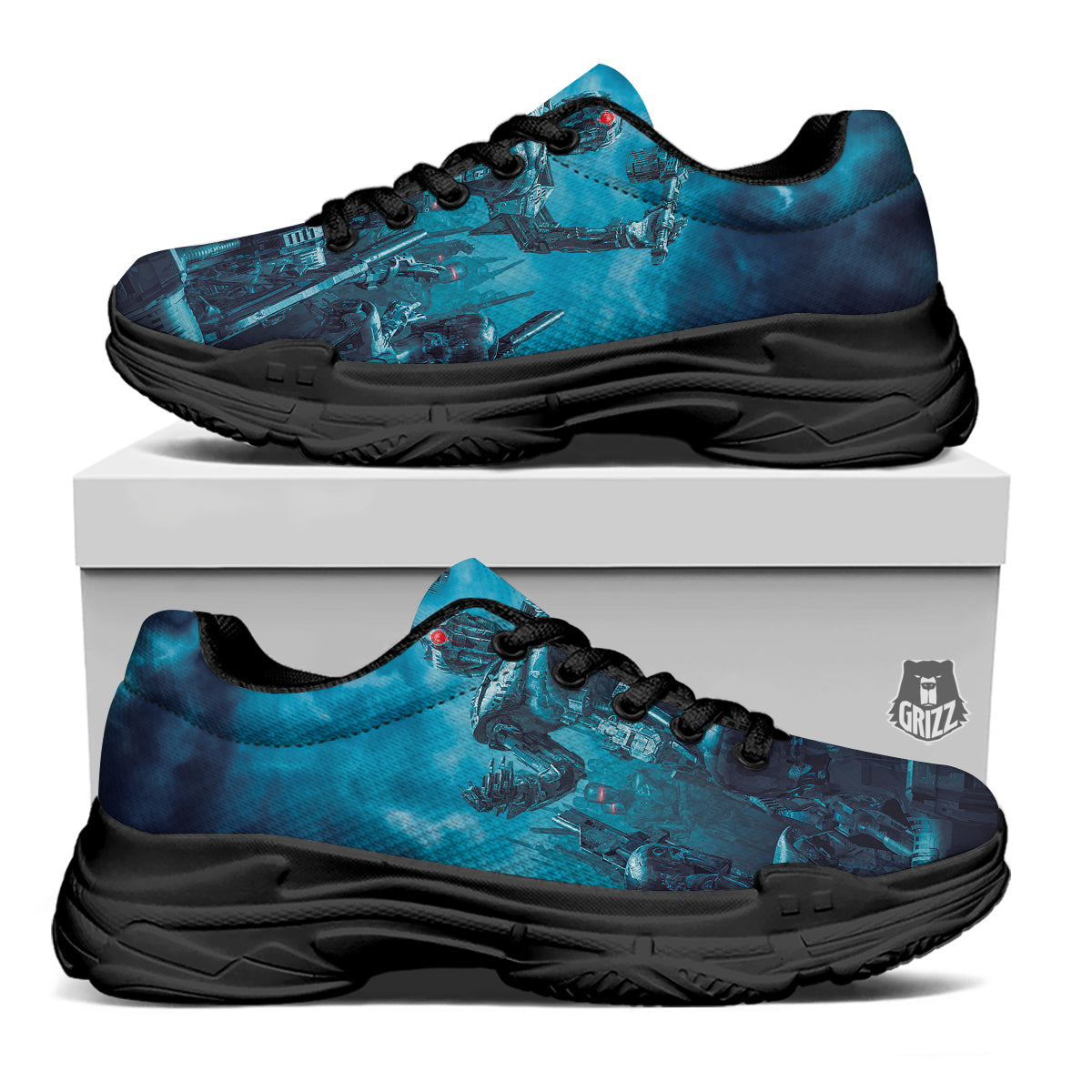 Robot War Print Black Chunky Shoes-grizzshop