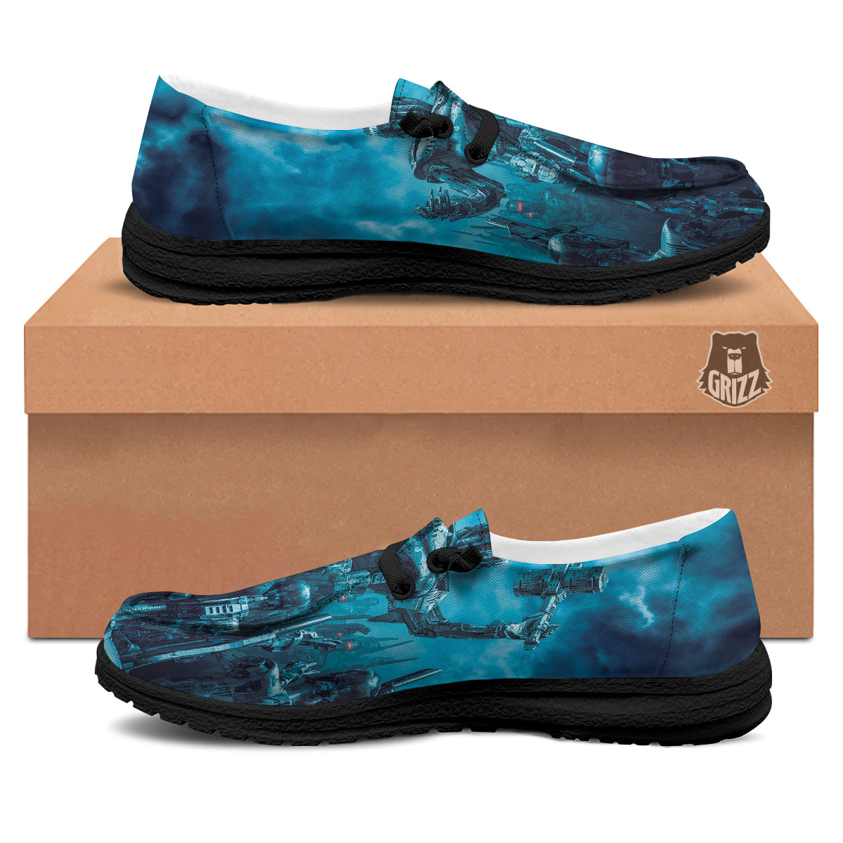 Robot War Print Black Loafers-grizzshop