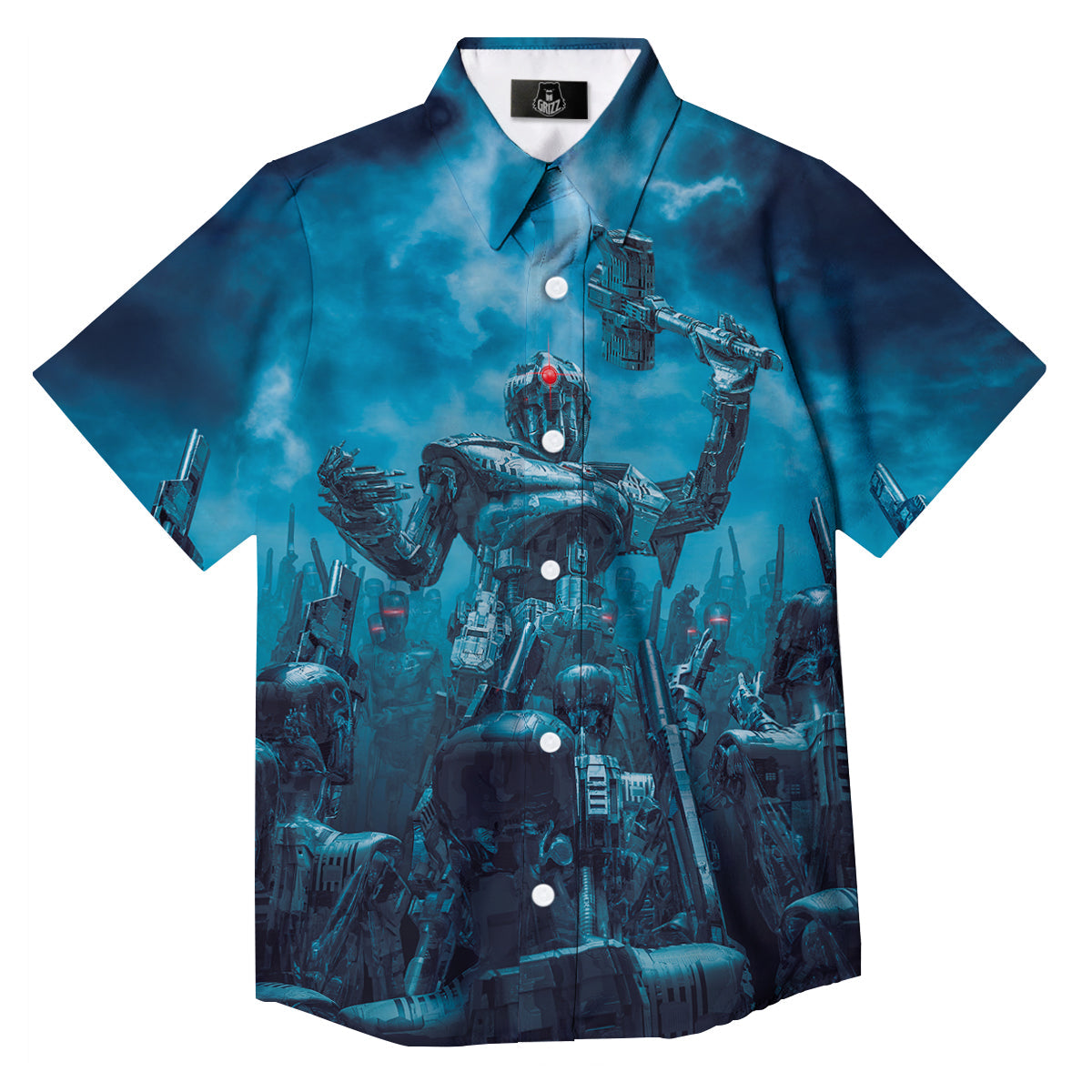Robot War Print Button Up Shirt-grizzshop