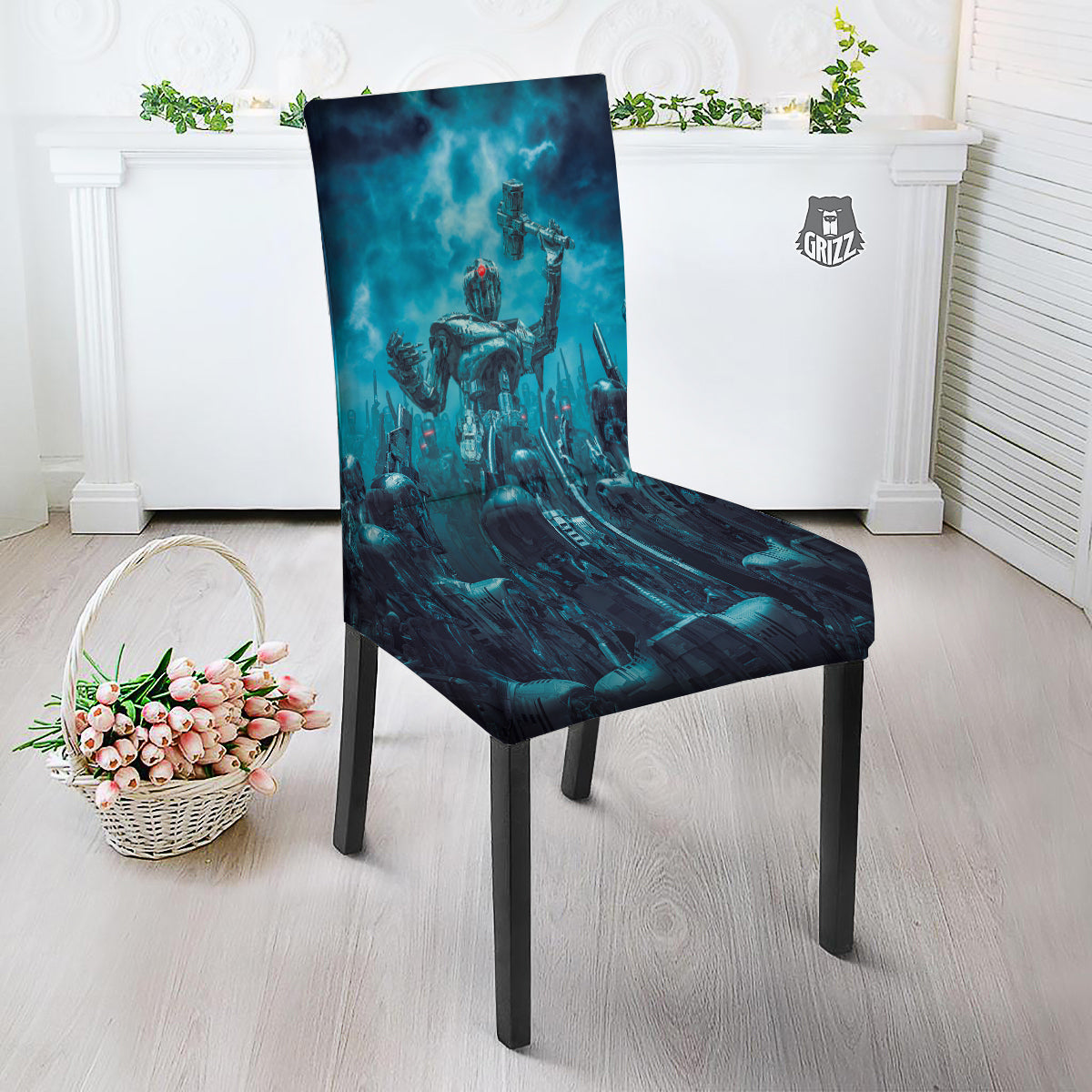 Robot War Print Dining Chair Slipcover-grizzshop