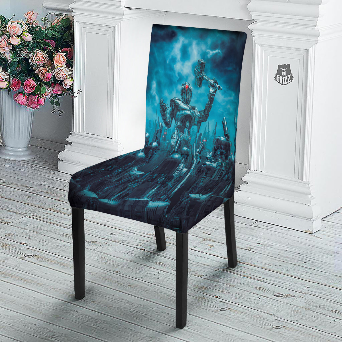Robot War Print Dining Chair Slipcover-grizzshop