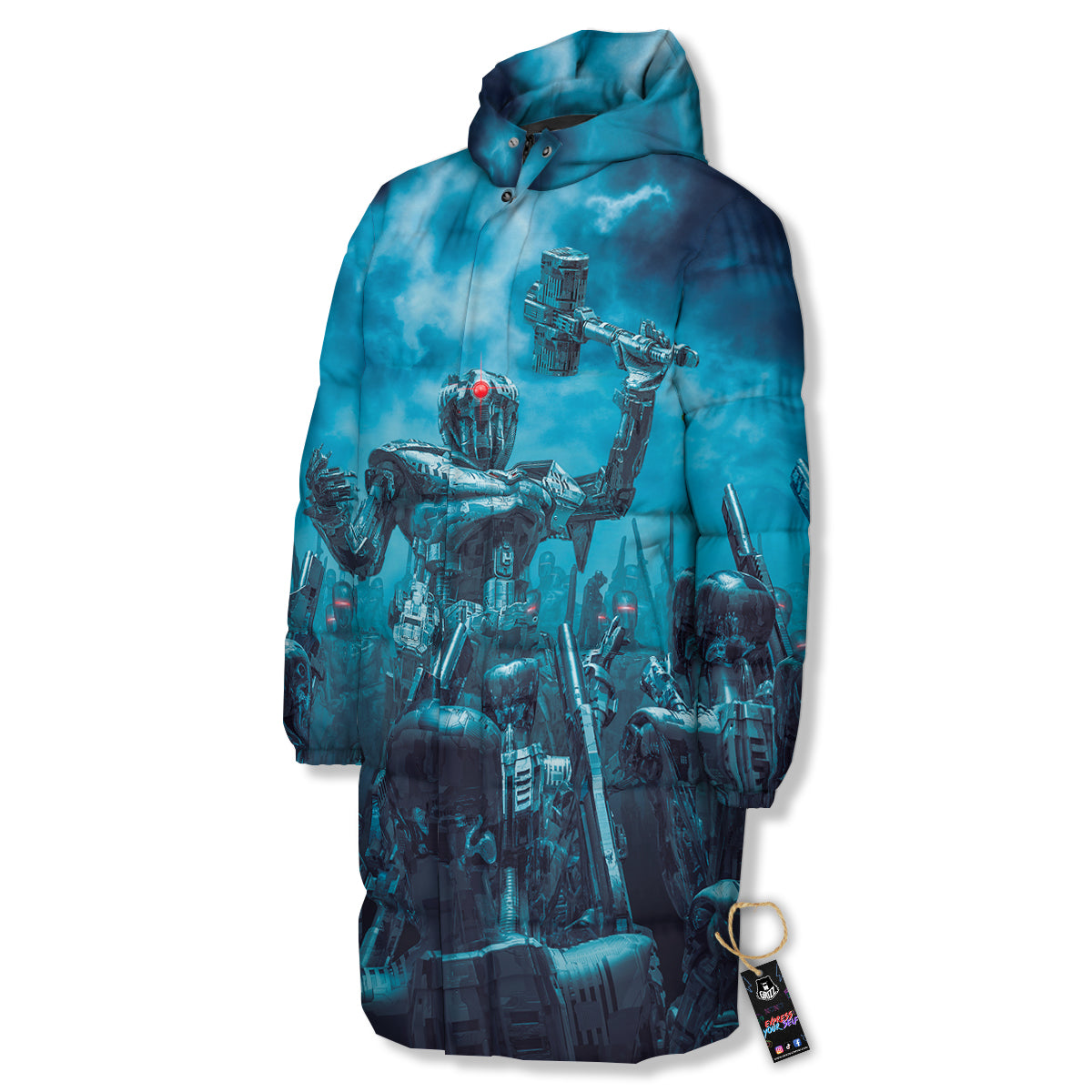 Robot War Print Long Down Jacket-grizzshop