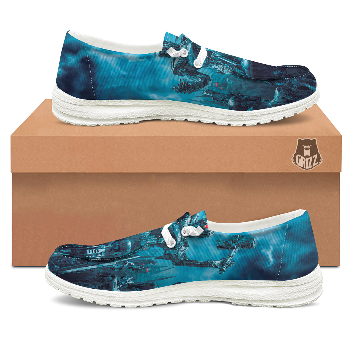 Robot War Print White Loafers-grizzshop