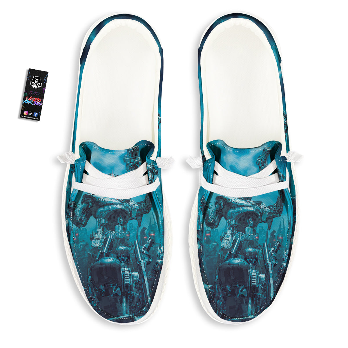 Robot War Print White Loafers-grizzshop