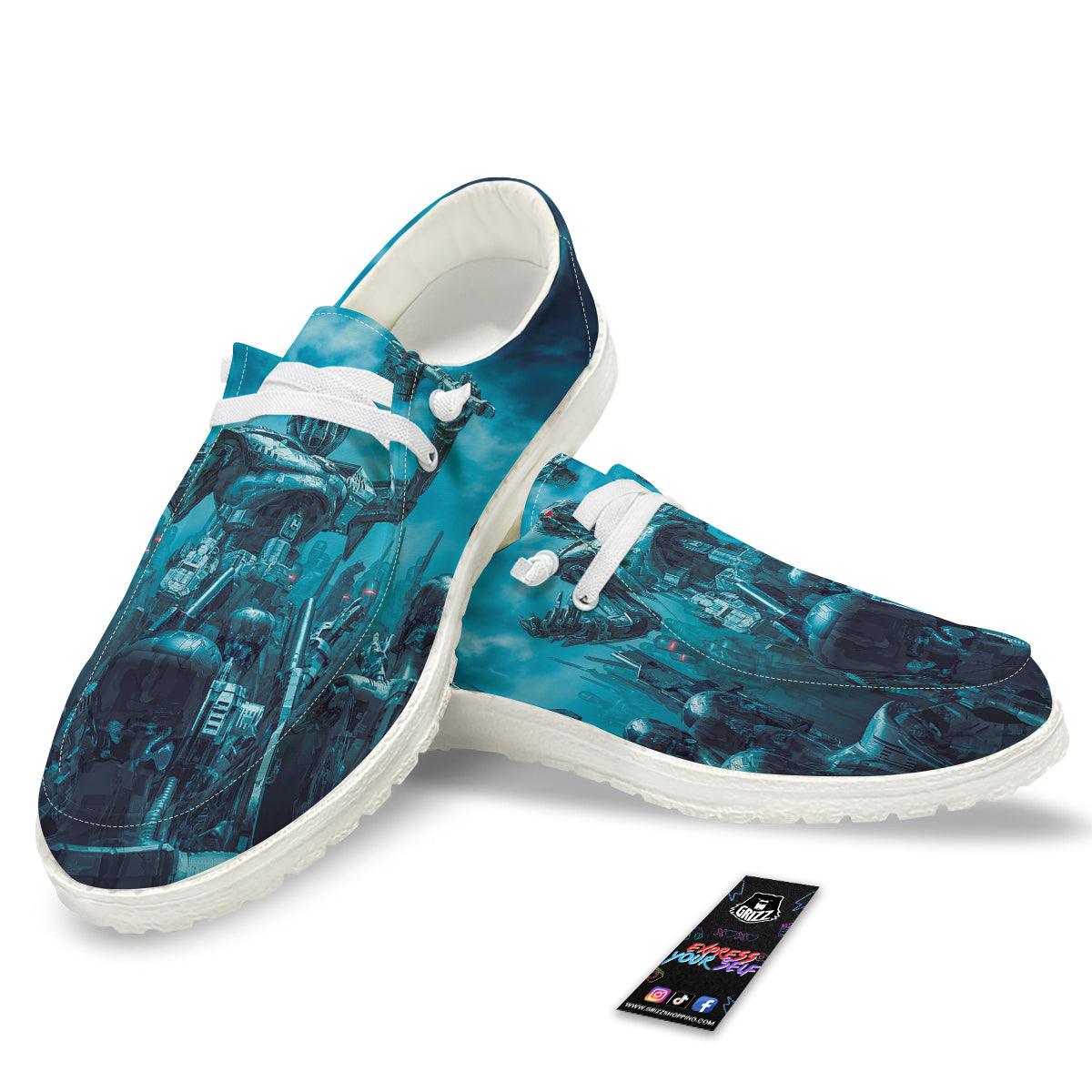 Robot War Print White Loafers-grizzshop
