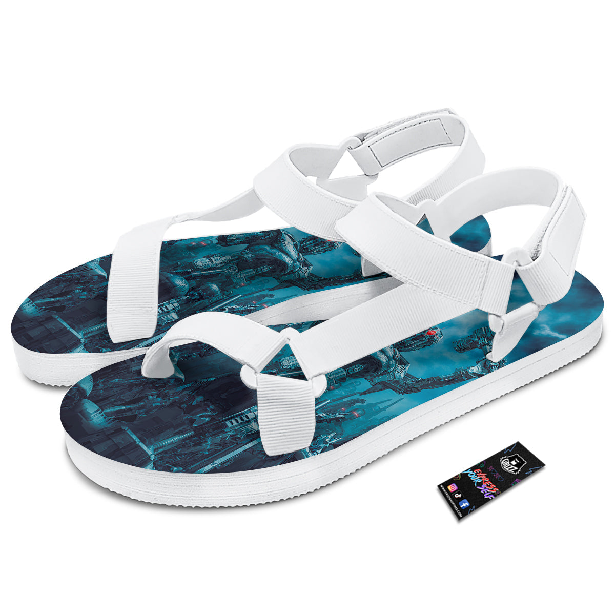 Robot War Print White Open Toe Sandals-grizzshop