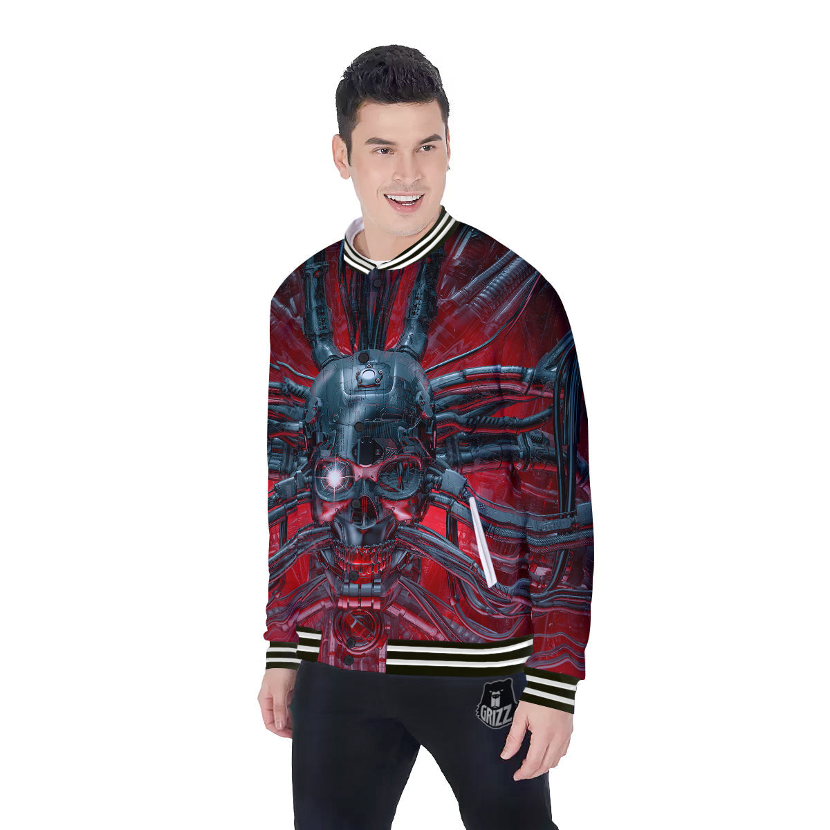Robotic Skull Print Baseball Jacket-grizzshop