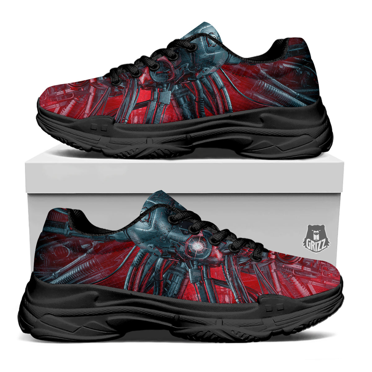 Robotic Skull Print Black Chunky Shoes-grizzshop