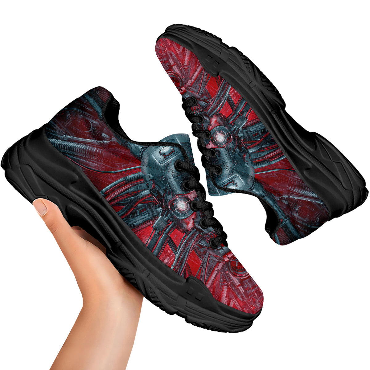 Robotic Skull Print Black Chunky Shoes-grizzshop