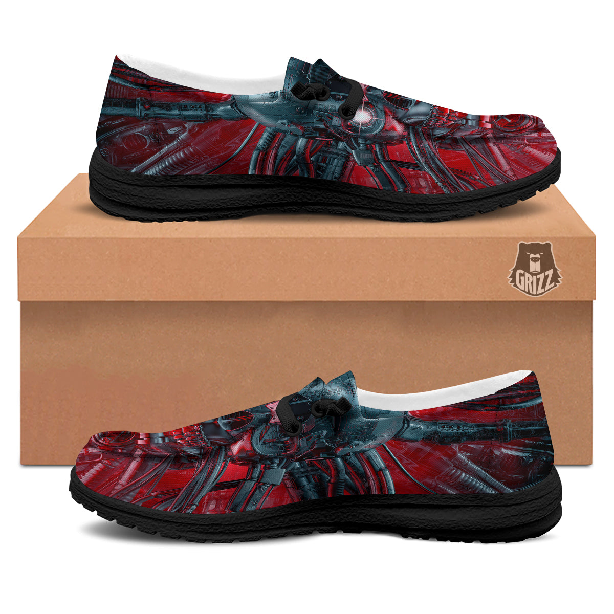 Robotic Skull Print Black Loafers-grizzshop