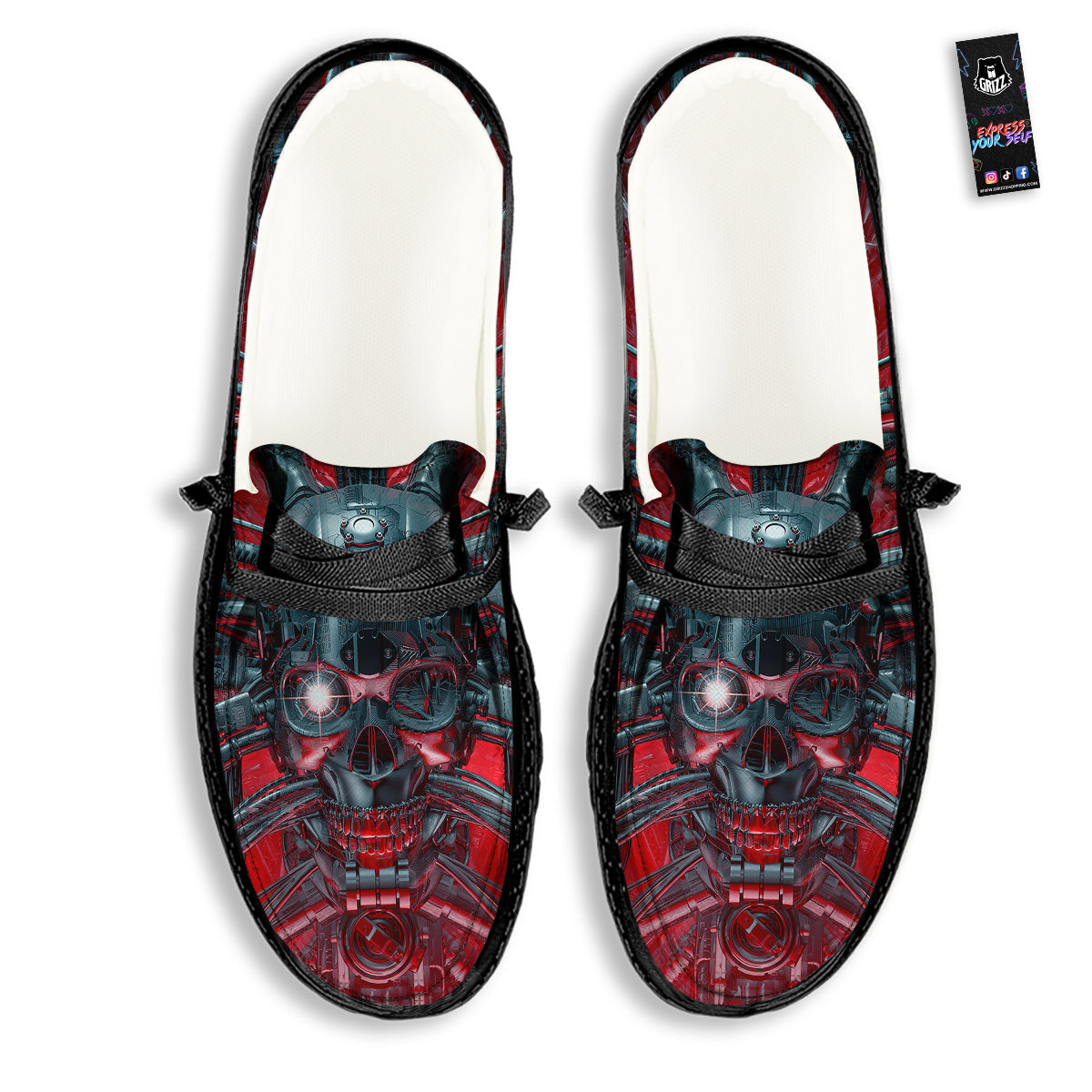 Robotic Skull Print Black Loafers-grizzshop