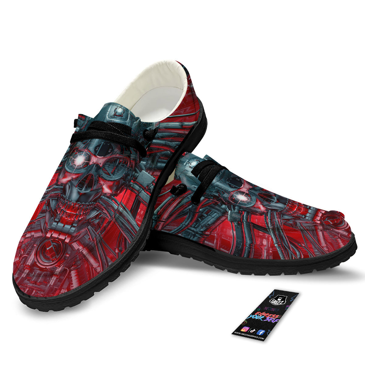 Robotic Skull Print Black Loafers-grizzshop