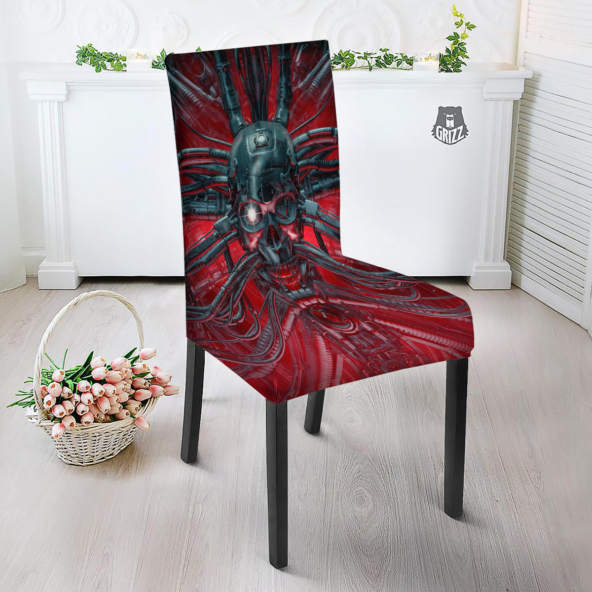 Robotic Skull Print Dining Chair Slipcover-grizzshop
