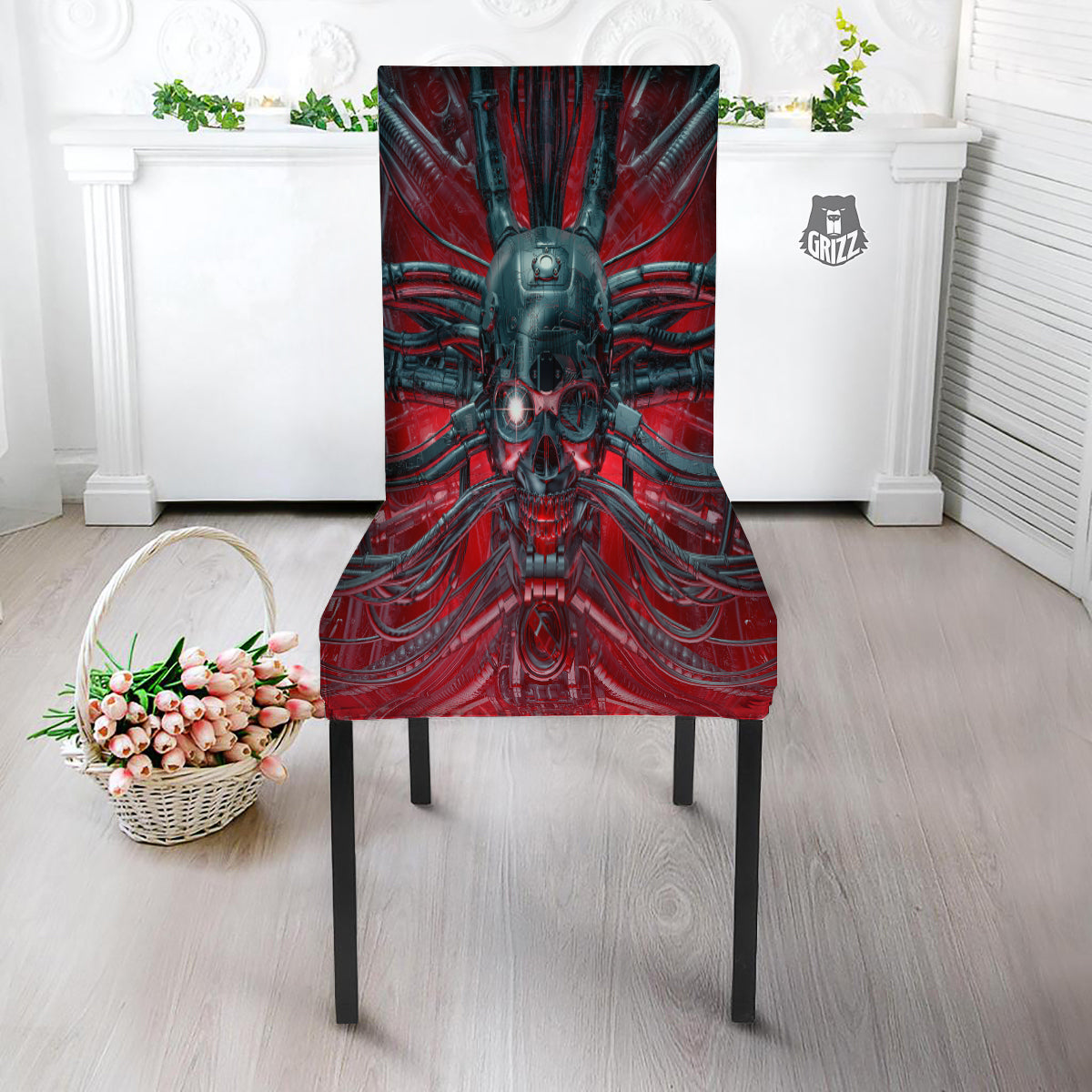 Robotic Skull Print Dining Chair Slipcover-grizzshop