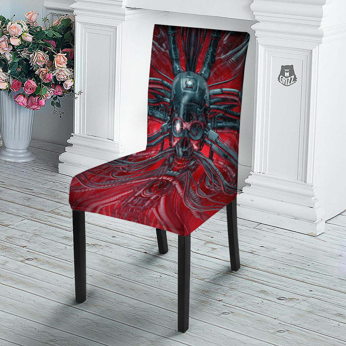 Robotic Skull Print Dining Chair Slipcover-grizzshop