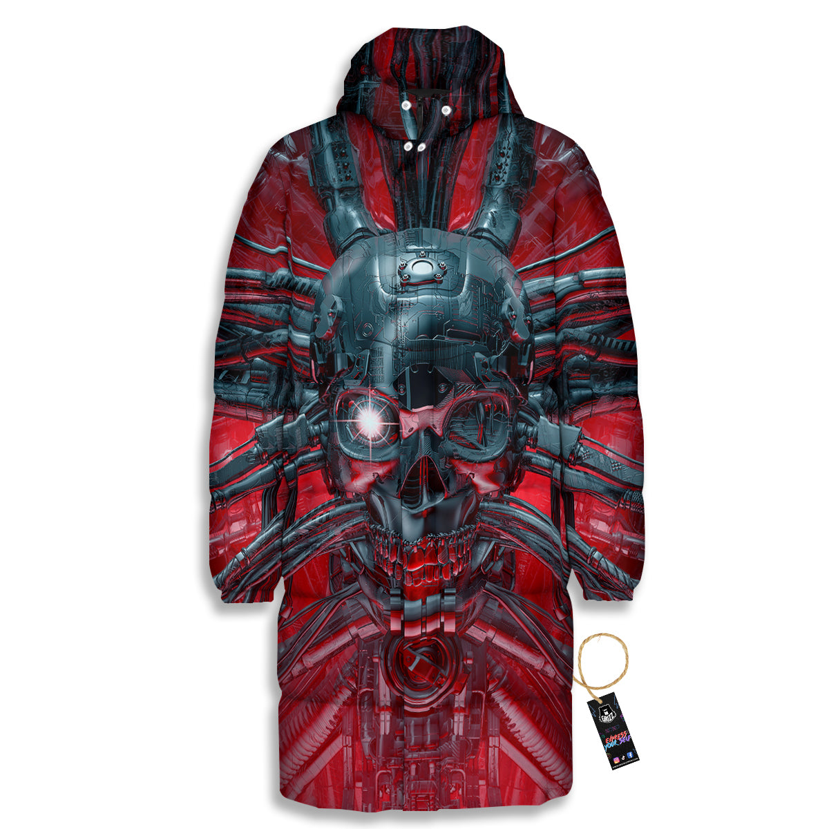 Robotic Skull Print Long Down Jacket-grizzshop