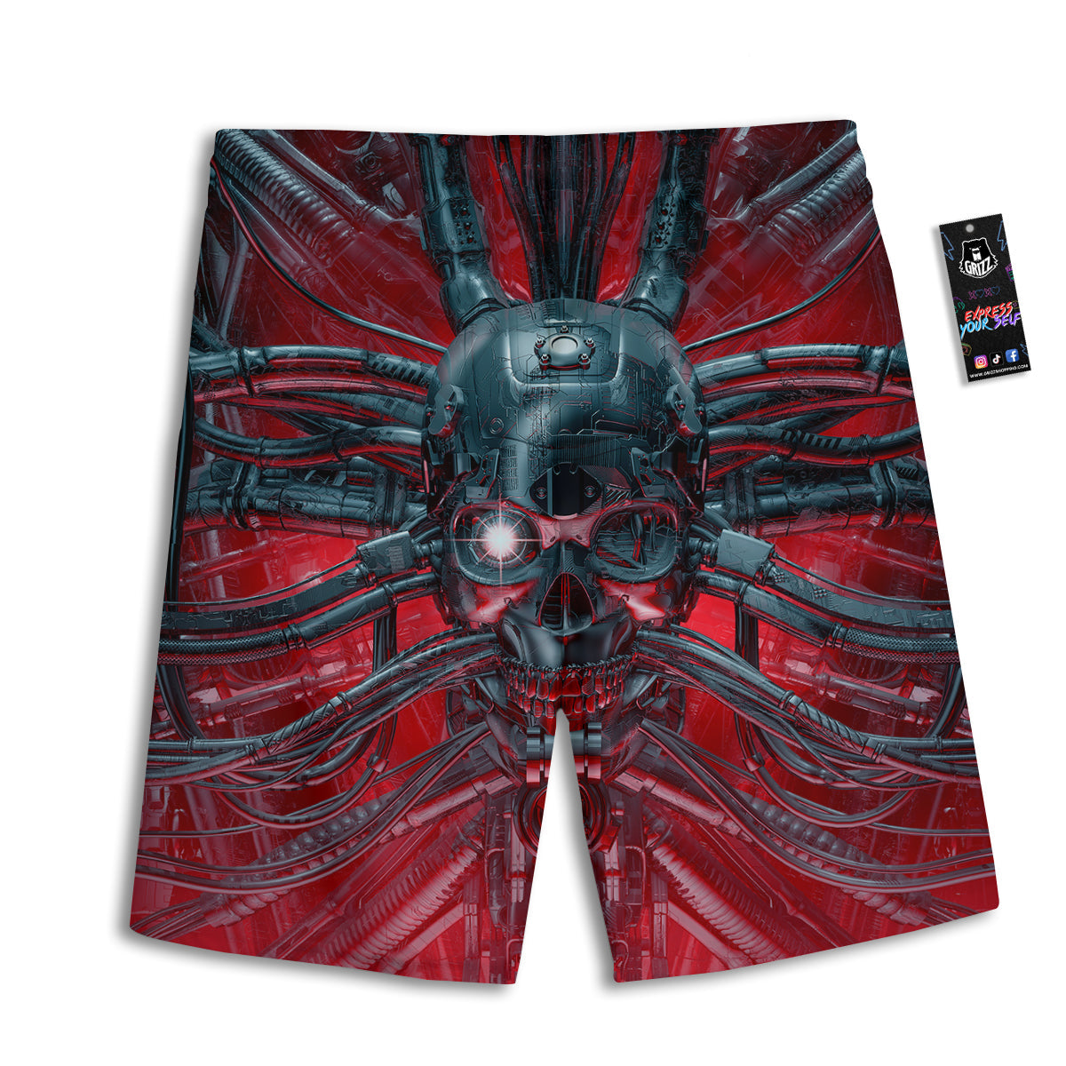 Robotic Skull Print Men's Athletic Shorts