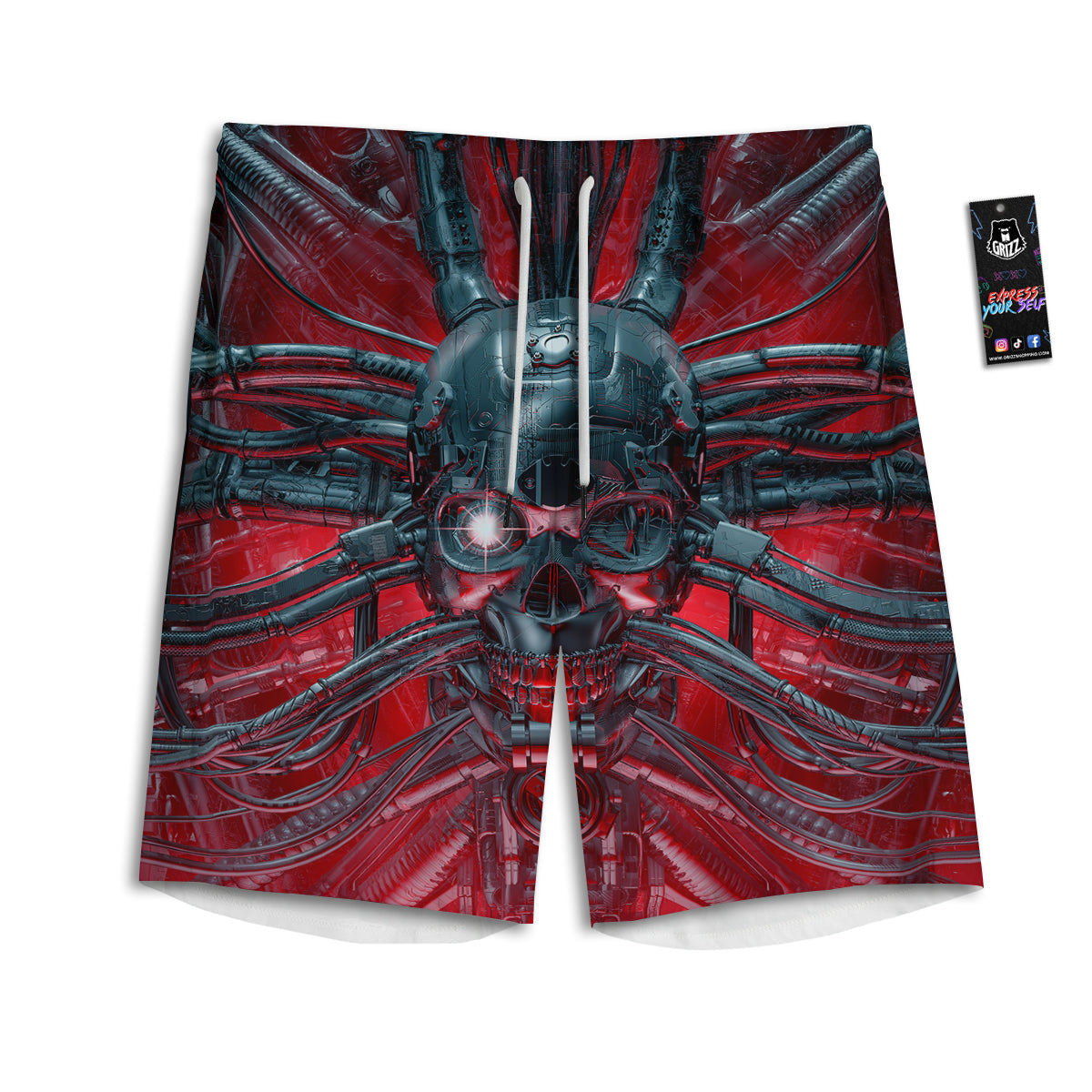 Robotic Skull Print Men's Athletic Shorts