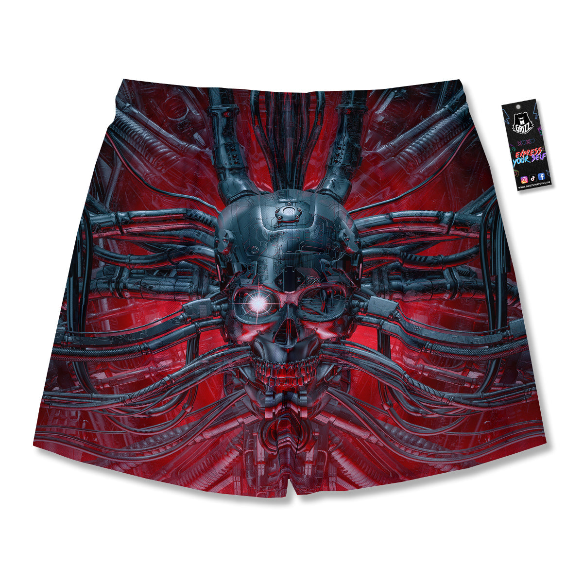 Robotic Skull Print Men's Running Shorts-grizzshop