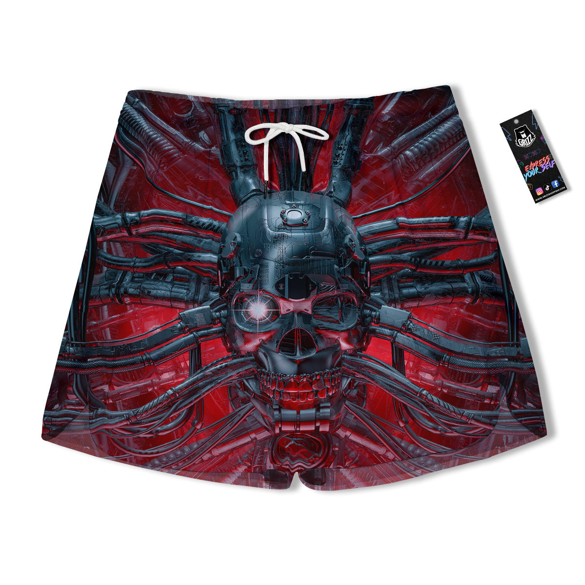 Robotic Skull Print Men's Running Shorts-grizzshop