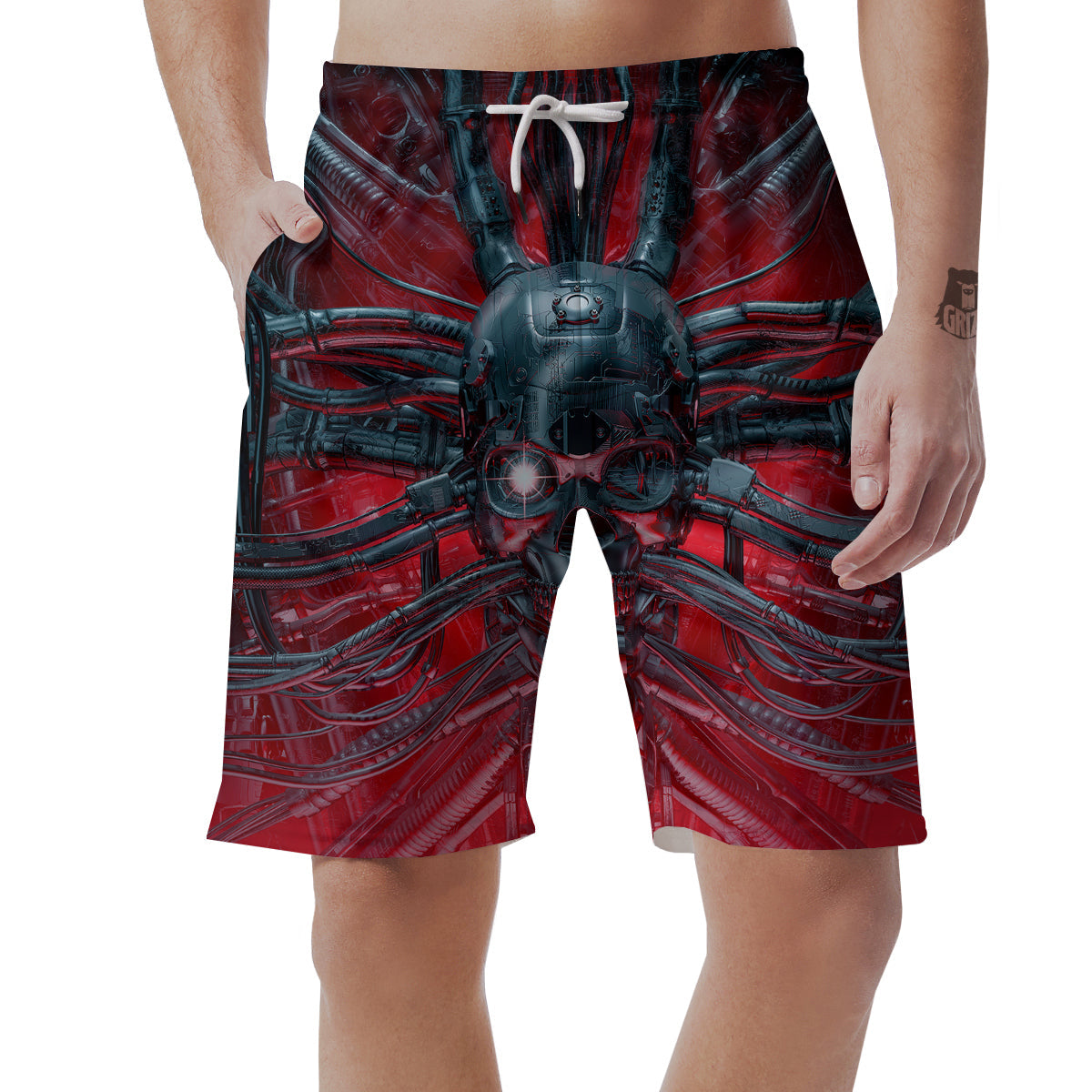 Robotic Skull Print Men's Shorts-grizzshop