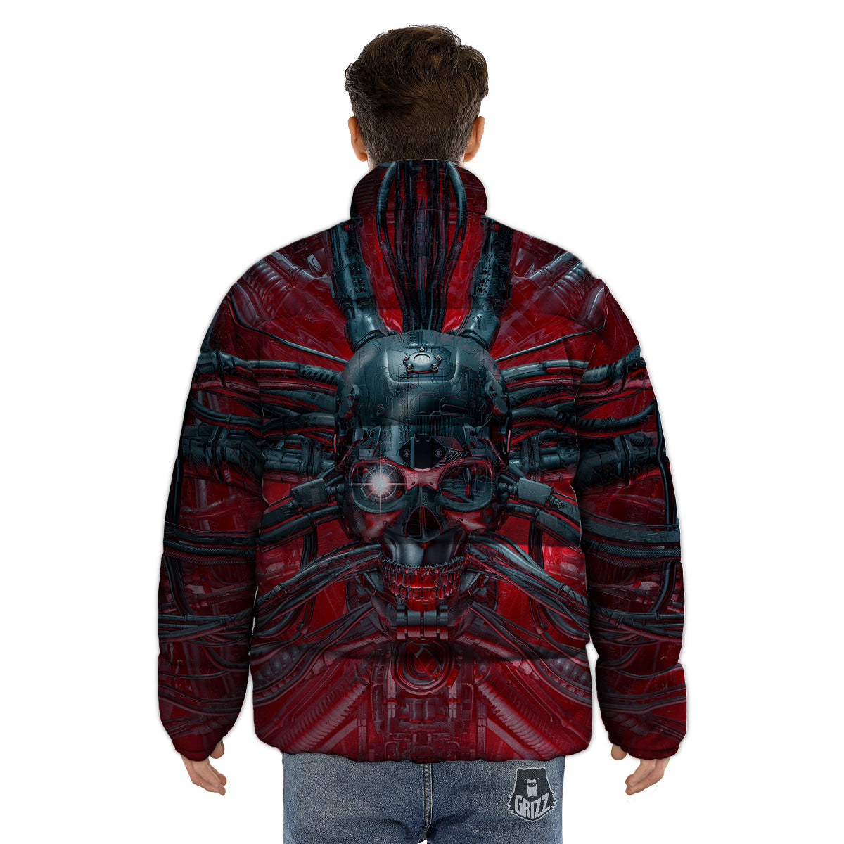 Robotic Skull Print Puffer Jacket-grizzshop