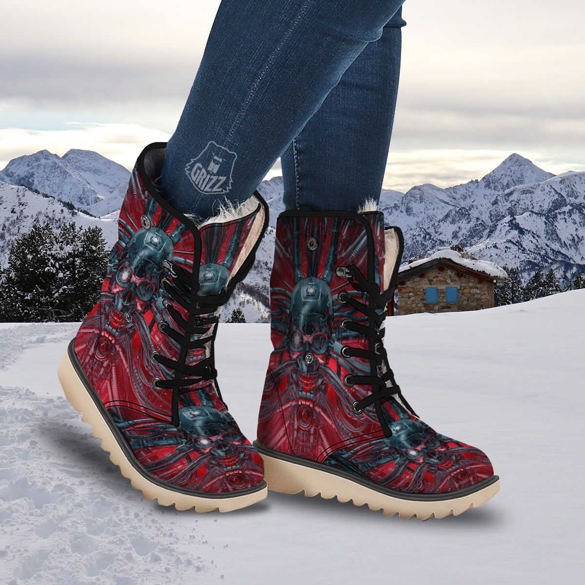 Robotic Skull Print Snow Boots-grizzshop
