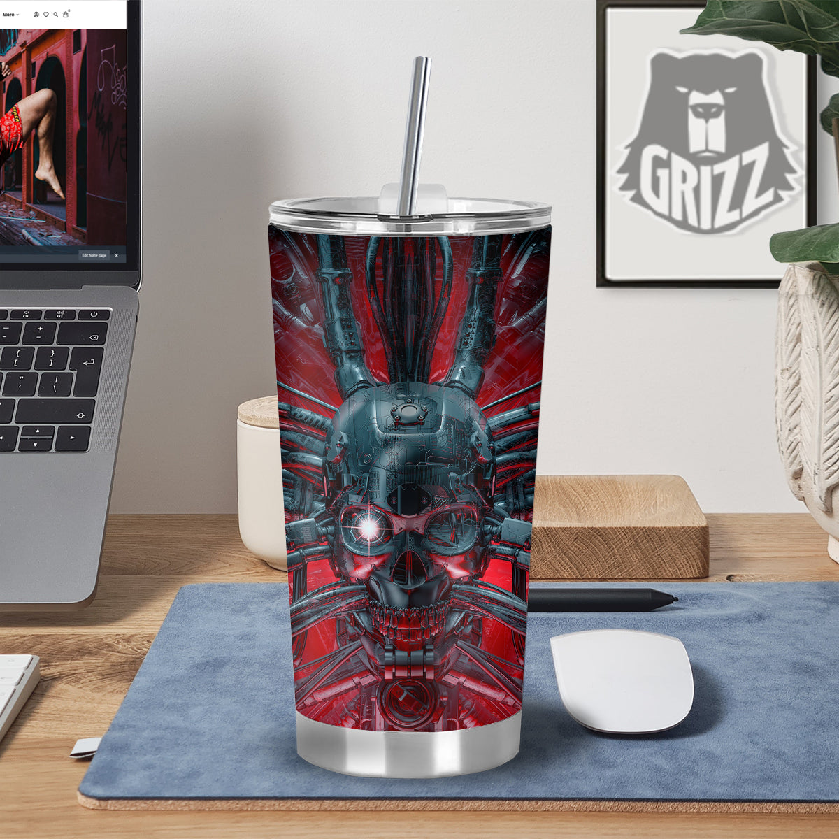 Robotic Skull Print Tumbler-grizzshop