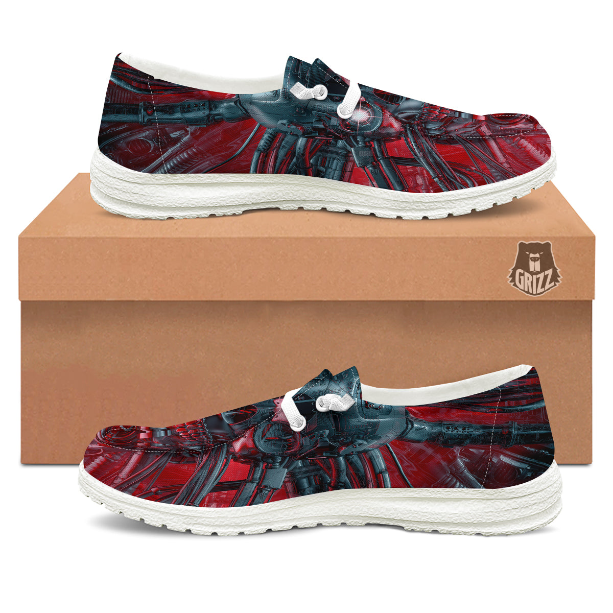 Robotic Skull Print White Loafers-grizzshop