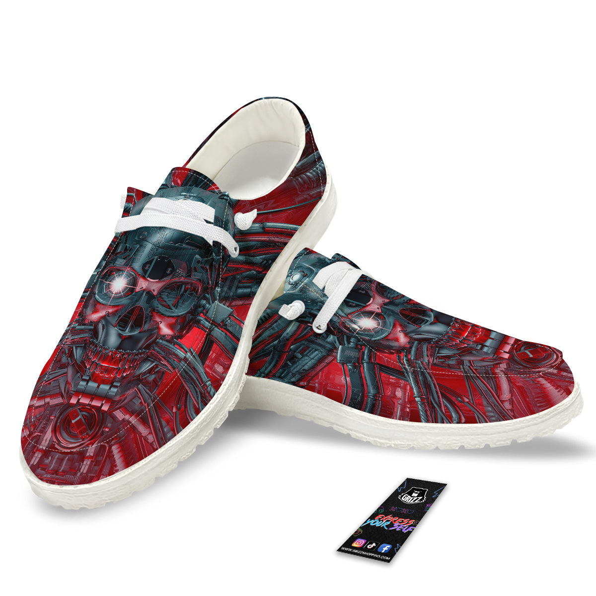 Robotic Skull Print White Loafers-grizzshop