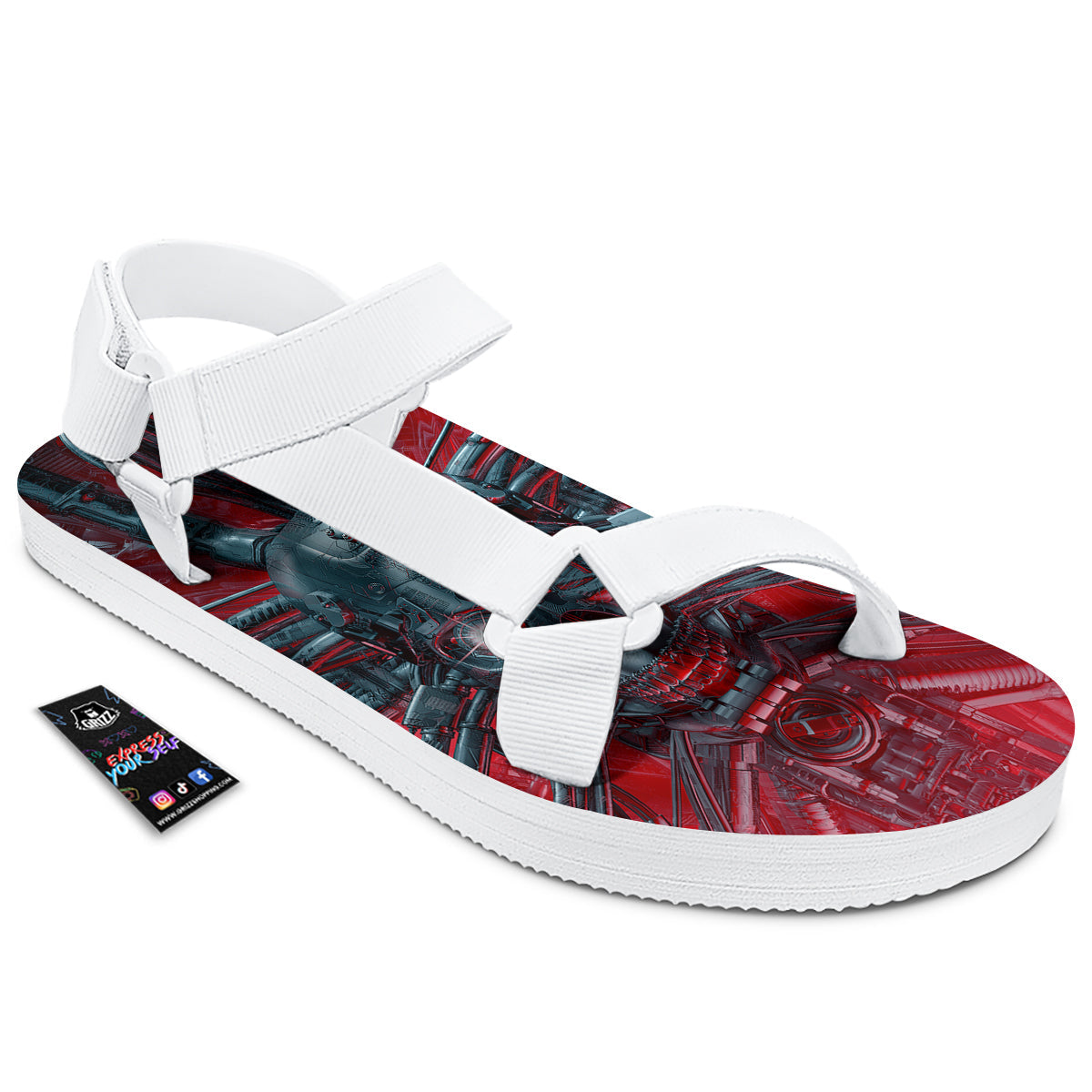Robotic Skull Print White Open Toe Sandals-grizzshop