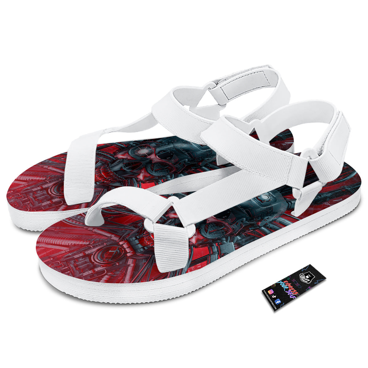 Robotic Skull Print White Open Toe Sandals-grizzshop