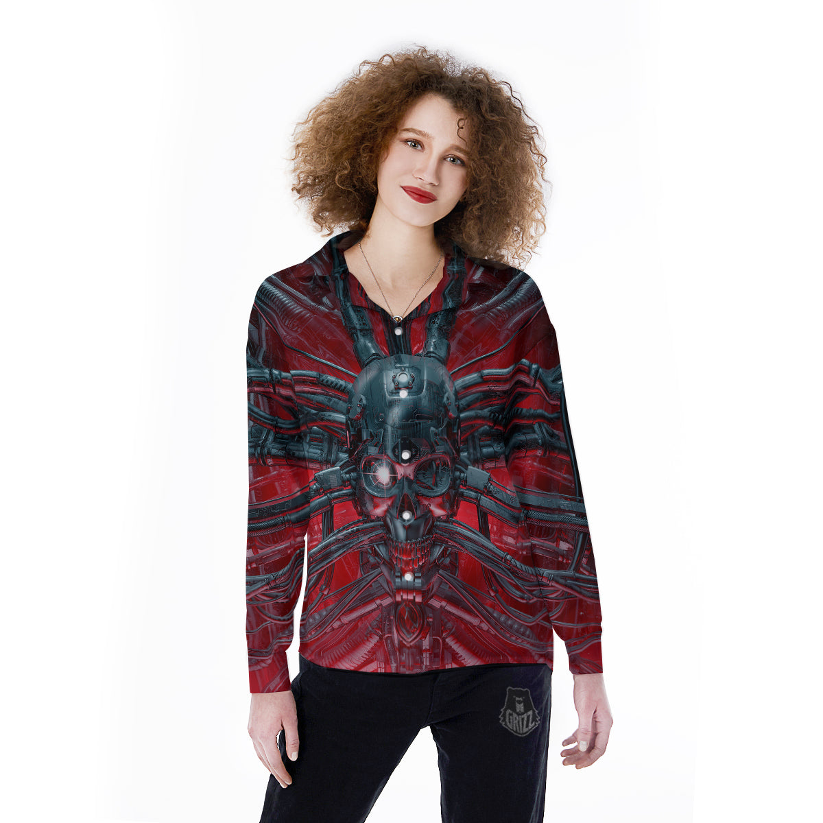 Robotic Skull Print Women's Long Sleeve Shirts-grizzshop