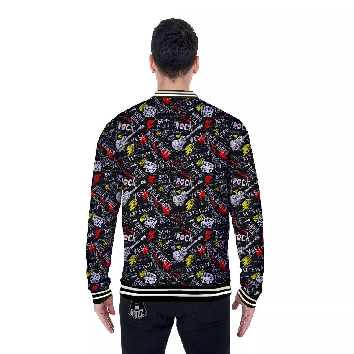 Rock And Roll Grunge Print Pattern Baseball Jacket-grizzshop