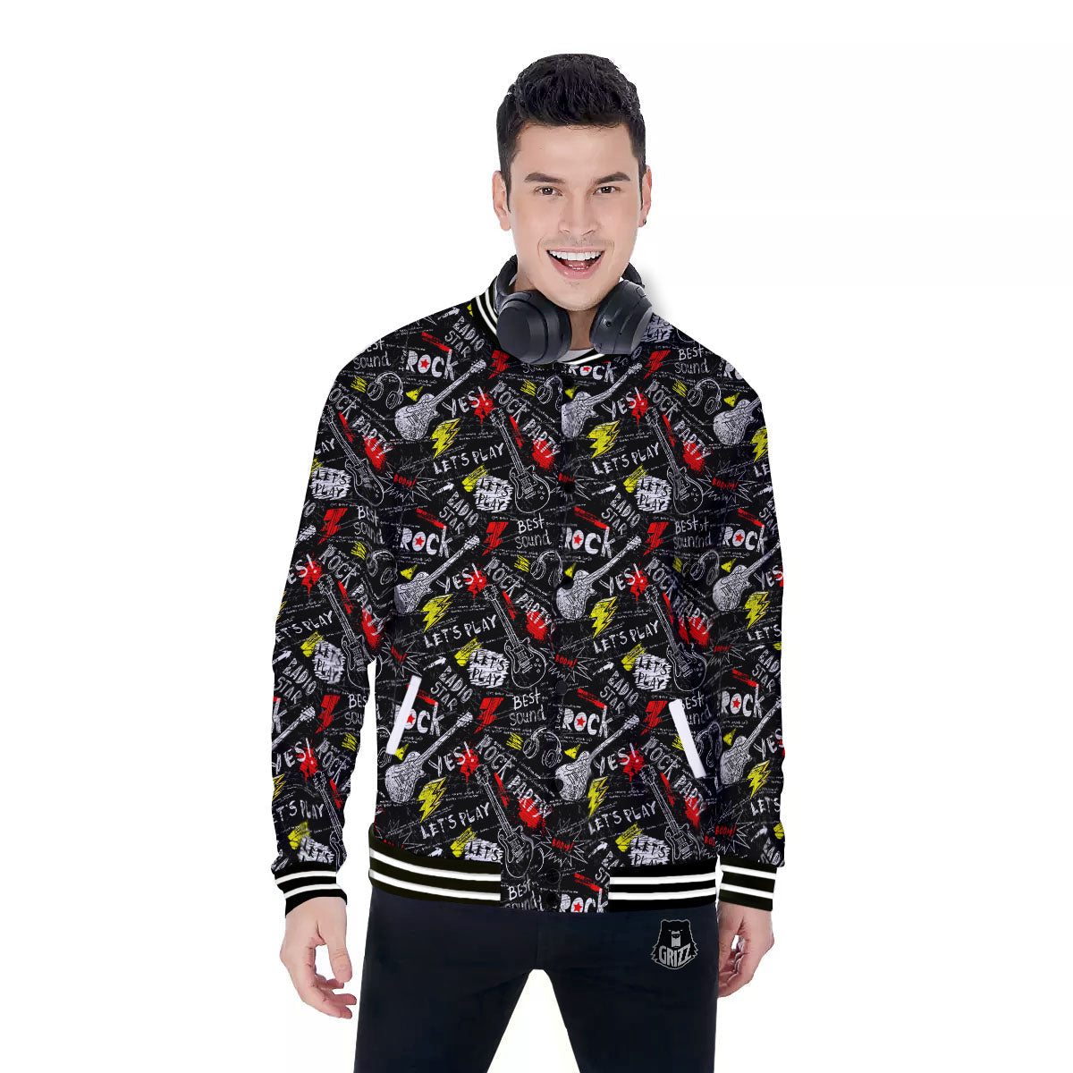 Rock And Roll Grunge Print Pattern Baseball Jacket-grizzshop