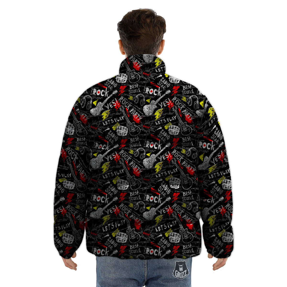 Rock And Roll Grunge Print Pattern Puffer Jacket-grizzshop