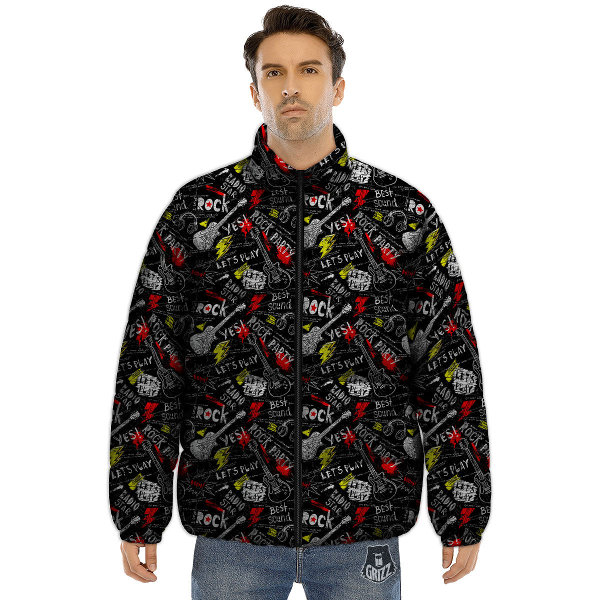 Rock And Roll Grunge Print Pattern Puffer Jacket-grizzshop