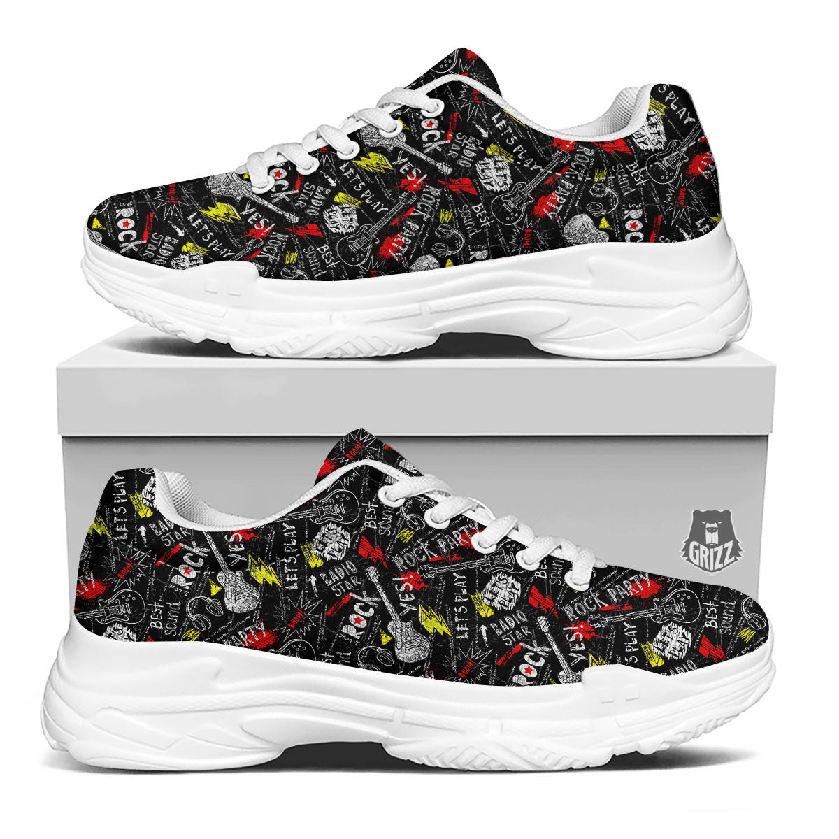 Rock And Roll Grunge Print Pattern White Chunky Shoes-grizzshop