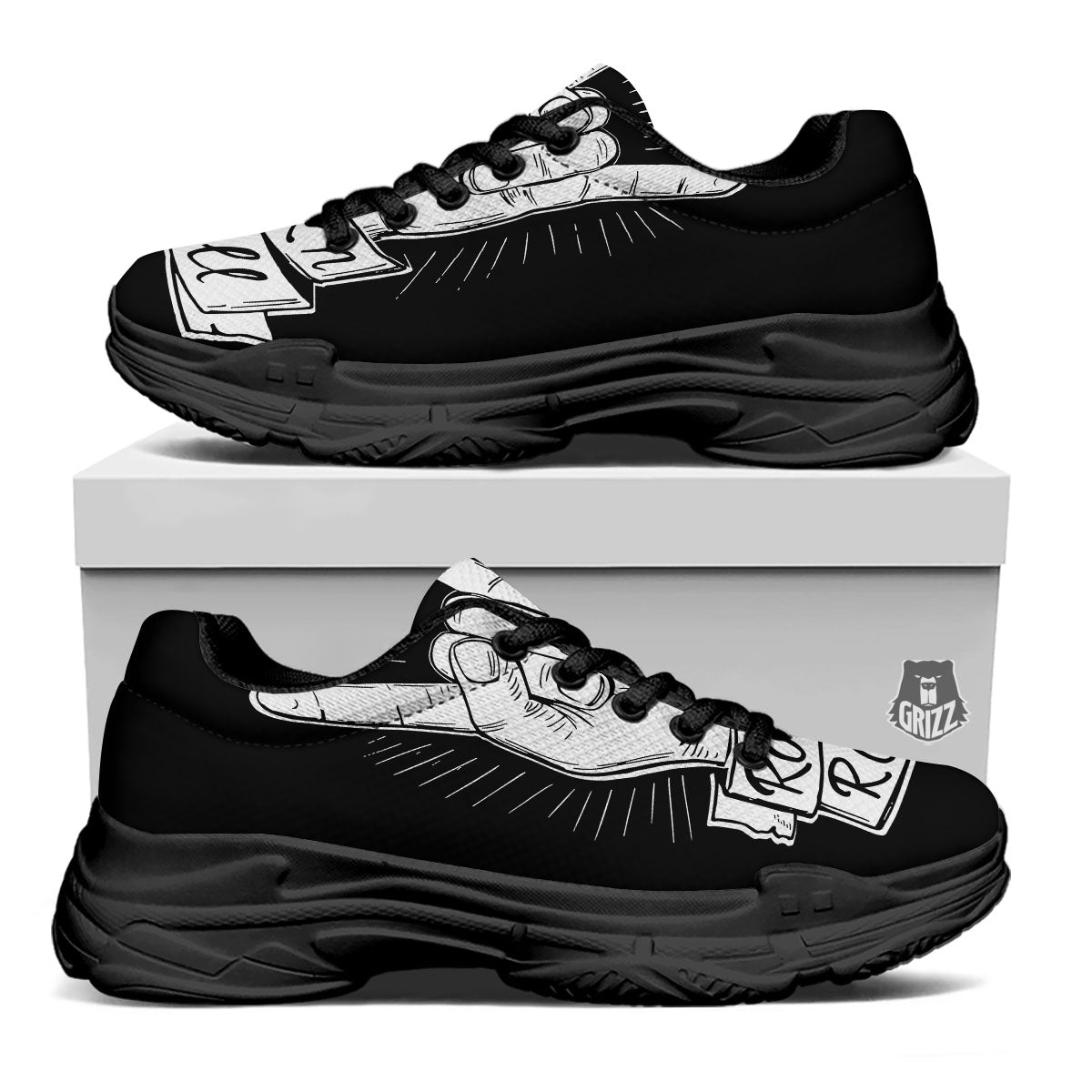 Rock And Roll White And Black Print Black Chunky Shoes-grizzshop