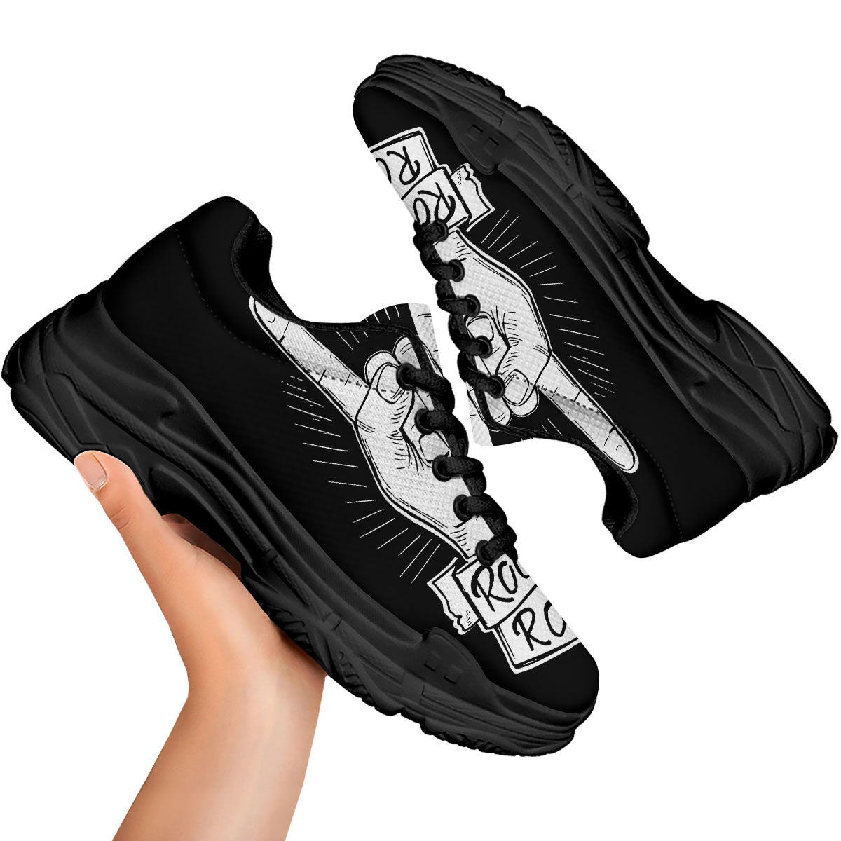 Rock And Roll White And Black Print Black Chunky Shoes-grizzshop
